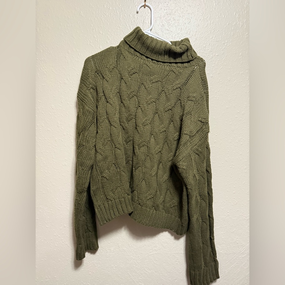Olive Cable Knit Turtleneck Sweater